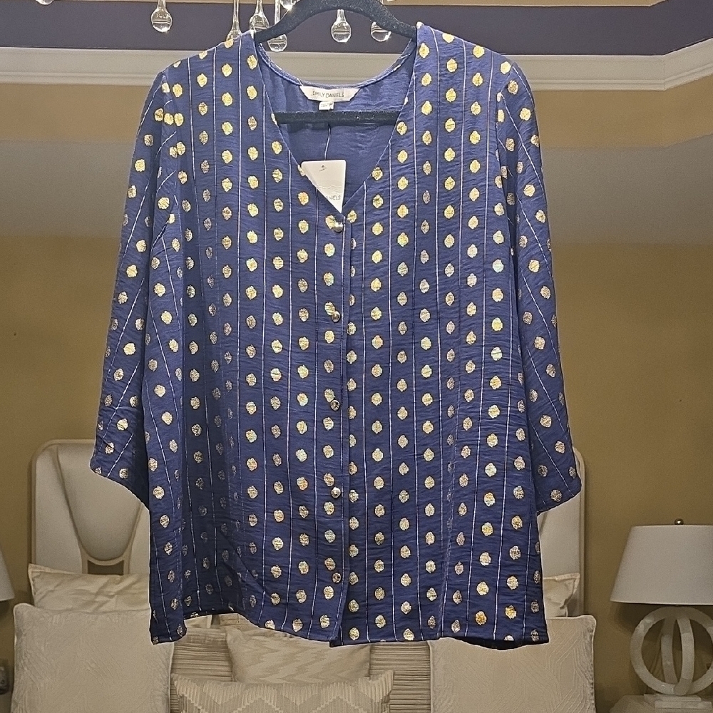 Emily Daniels Chic Navy Blouse with Gold Dots Size 1X